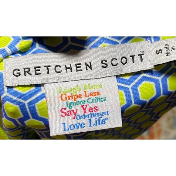 Gretchen Scott Designs Split Neck Top Geometric Printed Green Blue Womens Small - Picture 8 of 9